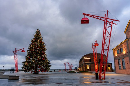 Tallinn, Estonia - January 4, 2020: Christmas tree in new Noblessneri quarter at eveningのeditorial素材