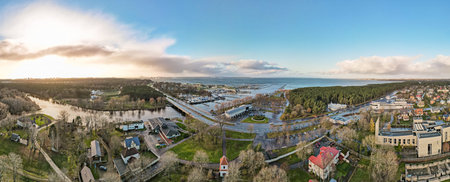 View from above to Pirita river in Tallinn, Estonia at autumn day. Drone photo, panorama