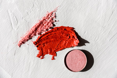 Composition of decorative cosmetic smears or swatches - lipstick, lip gloss, face powder on whiteの写真素材