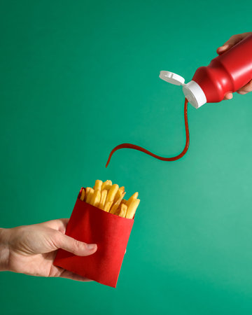 Fries potatoes in red package in hand on green background with tomato ketchup pouring from bottle....