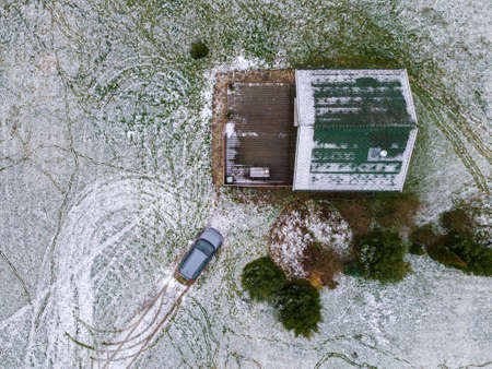 Aerial view to countryside house in Estonia in winterの写真素材