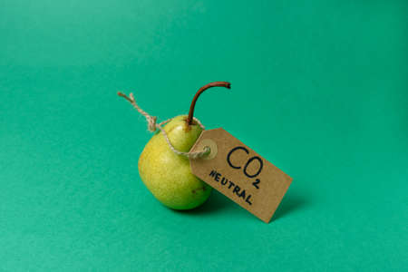 Pear with carbon emission label made from recycled paper on greenの写真素材