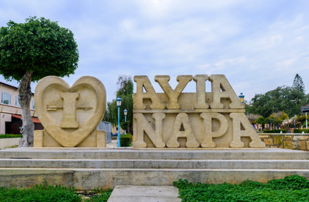 Ayia Napa, Cyprus - January 15, 2020: Ayia Napa word monument with heartのeditorial素材
