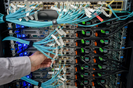 Hand of Man data center technician performing server maintenance. Replacing checking cables