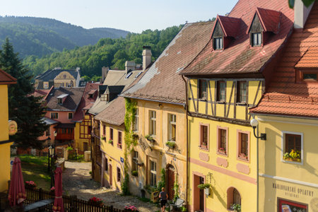 Loket, Czech Republic - July 2, 2019: Streets of old small cozy city at morningのeditorial素材