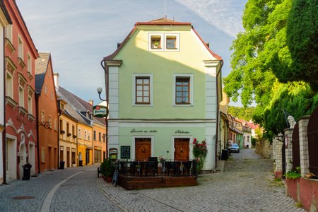 Loket, Czech Republic - July 2, 2019: Streets of old small cozy city at morningのeditorial素材