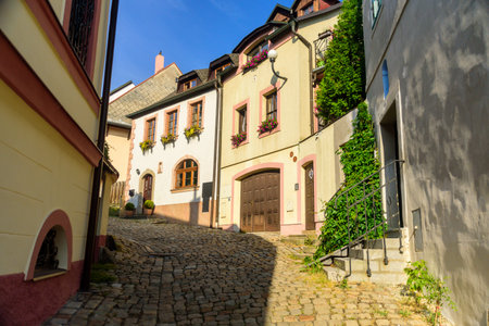 Loket, Czech Republic - July 2, 2019: Streets of old small cozy city at morningのeditorial素材