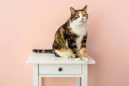 Calico Cat on bedside table near pink wall