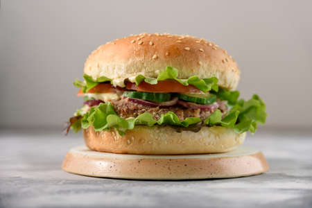 Vegetarian burger with bean patty on grey concrete backgroundの写真素材