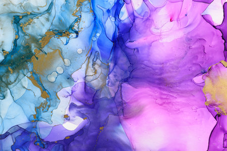 Abstract alcohol ink fluid art background in blue, purple, pink and goldの写真素材