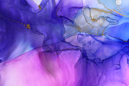 Abstract alcohol ink fluid art background in blue, purple, pink and goldの写真素材
