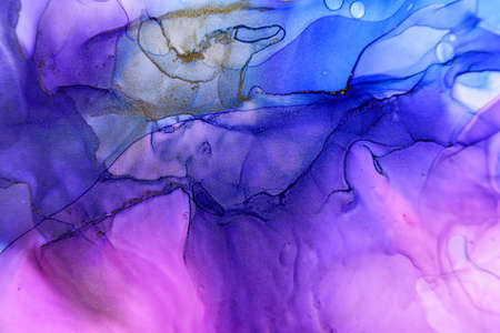 Abstract alcohol ink fluid art background in blue, purple, pink and goldの写真素材