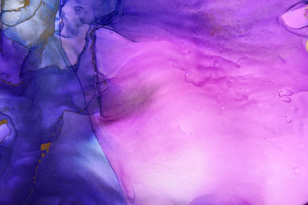 Abstract alcohol ink fluid art background in blue, purple, pink and goldの写真素材