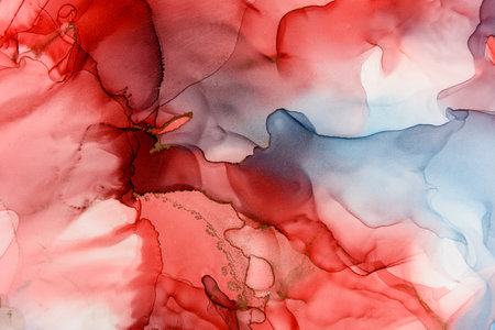 Abstract alcohol ink fluid art background in blue, red, purple and blackの写真素材
