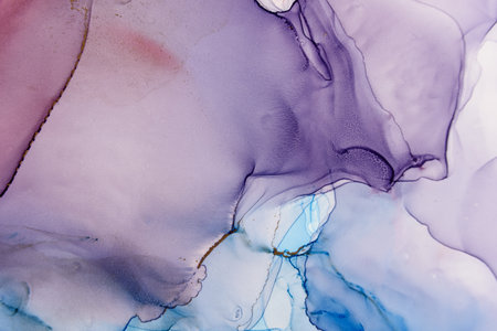 Abstract alcohol ink fluid art background in blue, red, purple and blackの写真素材