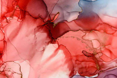 Abstract alcohol ink fluid art background in blue, red, purple and blackの写真素材