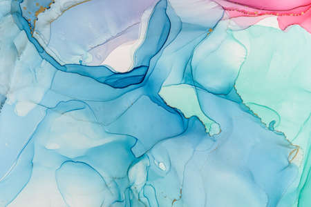 Abstract alcohol ink fluid art background in blue and greenの写真素材