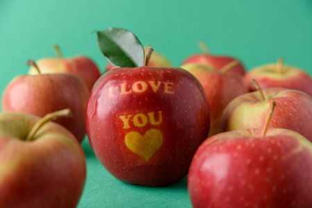Red apple with text I Love You on green background