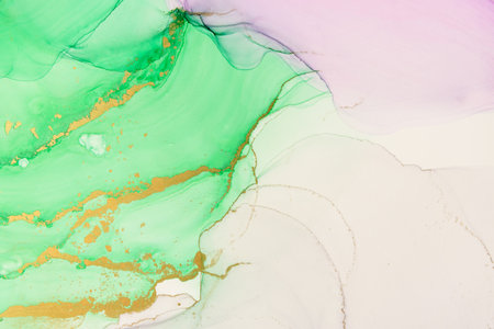 Abstract alcohol ink fluid art background. Green and grey color with goldの写真素材
