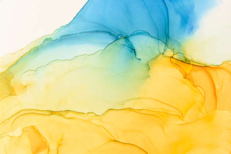 Abstract alcohol ink fluid art background. Blue and yellow colorの写真素材