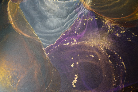 Abstract alcohol ink fluid art background on black. White, purple and copper color clouds with goldの写真素材
