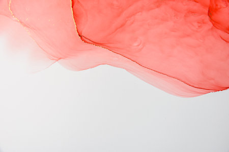 Abstract alcohol ink fluid art background. Red color with goldの写真素材