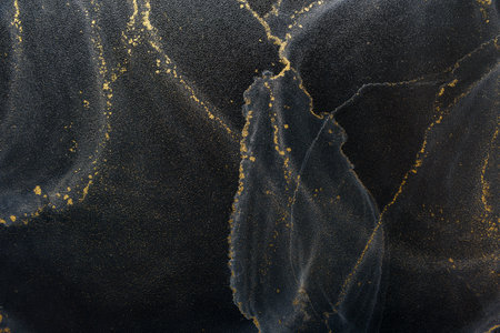 Abstract alcohol ink fluid art background on black. White color clouds with goldの写真素材