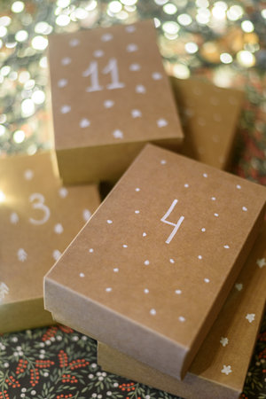 Paper handmade boxes to Christmas Advent Calendar with day numbers and drawn patternの写真素材