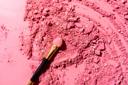 Crushed pink eye shadows with applicator blending brush or tool on pink background
