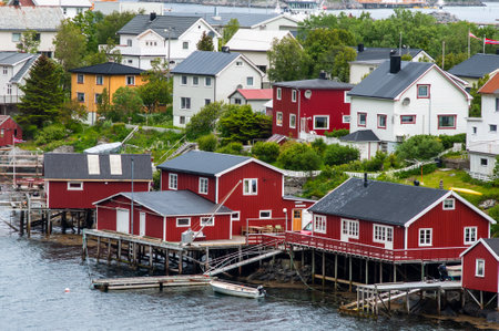 Traditional village in Lofoten archipelago, Norway with red wooden housesのeditorial素材
