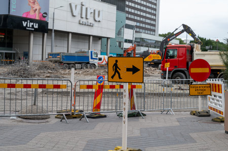Tallinn, Estonia: July 4, 2023 - Road construction works in city center. Whole city center destroyed...