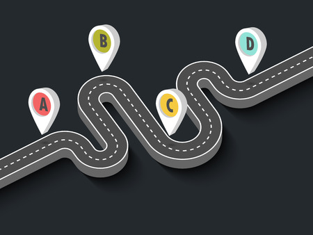 Road trip and Journey route. Business and Journey Infographic Design Template with pin pointer. Winding road on a black backgroundのイラスト素材