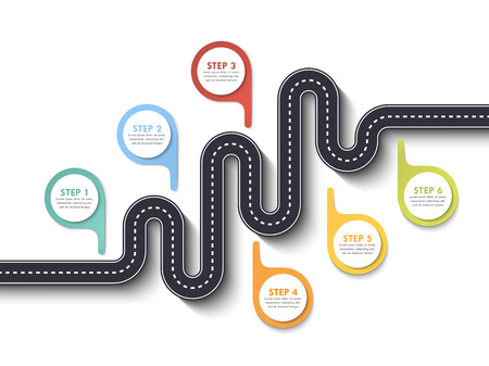Road way location infographic template with pin pointer. Winding road on a white background. Stylish streamers. Modern flat design thin line infographicのイラスト素材