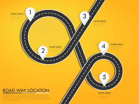 Road way location infographic template with pin pointer. Winding road on a colorful background. Stylish streamers.のイラスト素材