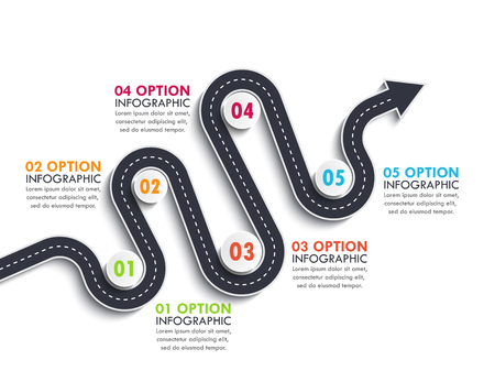Road way location infographic template with a phased structure. Winding road timeline. Stylish Serpentine in the form of arrows.のイラスト素材