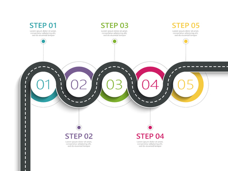 Winding road way location infographic template with a phased structure. Business circle template with options for brochure, diagram, workflow, timeline, web design.のイラスト素材