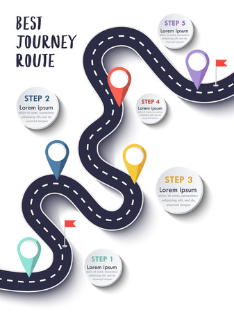 The Best Journey Route. Road trip and Journey route. Business and Journey Infographic Design Template with flags and place for your data. Winding road on a colorful background. Stylish streamers.のイラスト素材