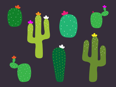 Mexican cactus flower collection. Cactus pattern on black background. Flat icons of cactuses.のイラスト素材