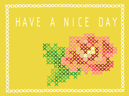 Postcard with imitation cross stitch. Bud of a pink rose. Have a nice dayのイラスト素材