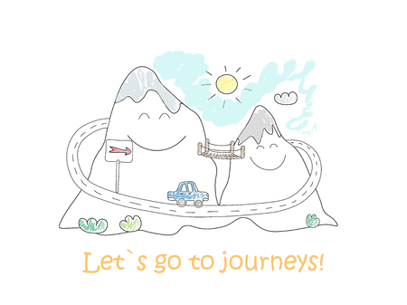 Road trip doodle. Mountain landscape for journey. Comic characterのイラスト素材
