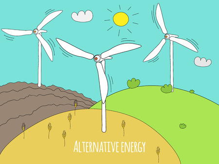 Wind generator and green meadows. Green energy and alternative energy generators. Summer rural landscape doodle.のイラスト素材