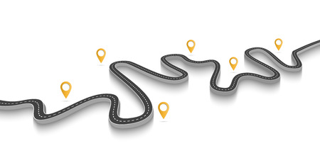 Winding Road on a White Isolated Background. Road way location infographic template with pin pointerのイラスト素材