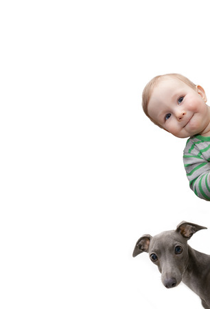 little boy and the dog are hiding behind the plateの写真素材