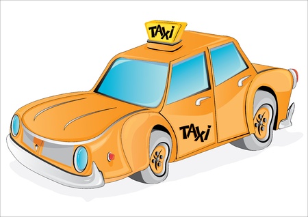 cartoon yellow taxi car on white.の写真素材
