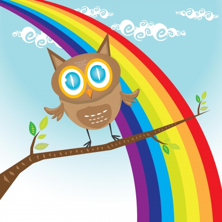 vector cartoon cute little owl bird on tree branchのイラスト素材