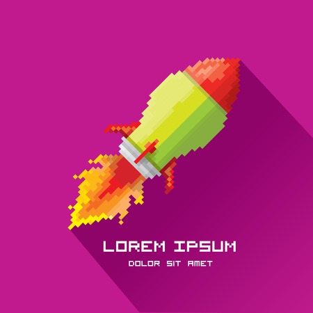 vector flat pixel rocket on violet background  のイラスト素材