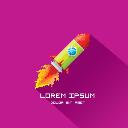 vector flat pixel rocket on violet background  のイラスト素材