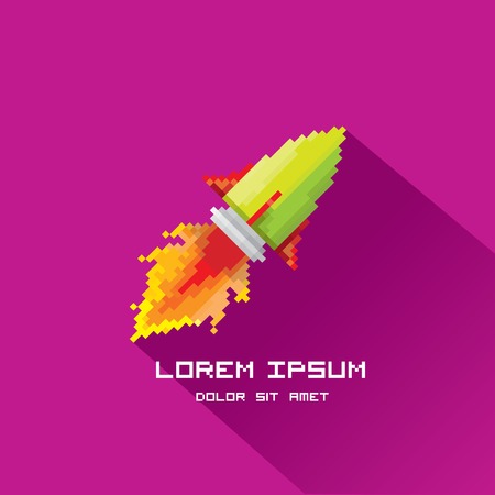 vector flat pixel rocket on violet background  のイラスト素材