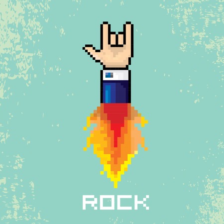 vector flat pixel rock n roll icon with fireのイラスト素材