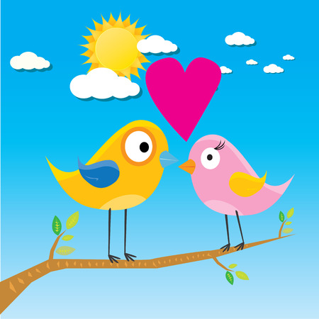 birds on branch. cartoon summer illustration. summer kids backgroundのイラスト素材